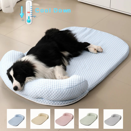 Cooling Pet Bed with Pillow – Breathable Ice Silk Fabric, Anti-Slip Base – Perfect for Small Dogs & Cats (Spring & Summer Comfort)